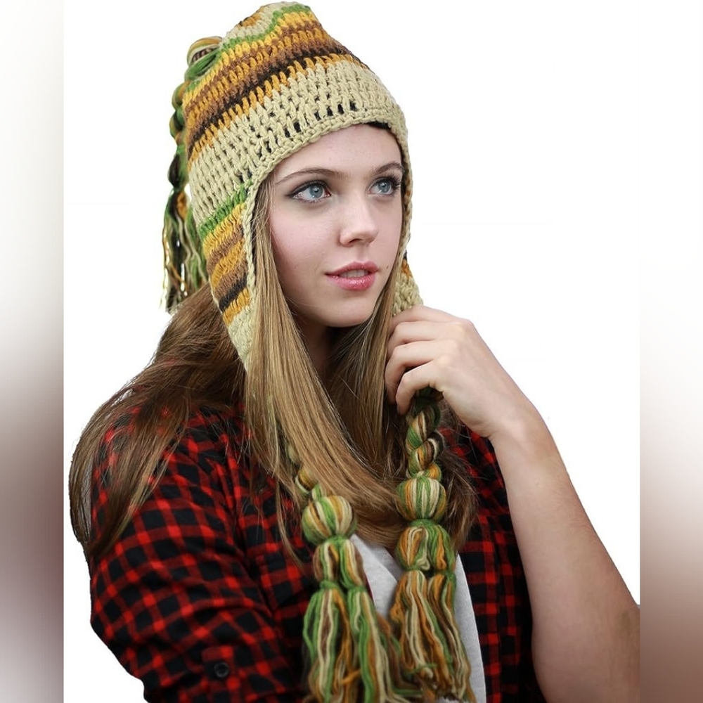 Cheveux Nepal Handmade Ear Flaps Wool Fleece Lined Winter Hat New with Tags